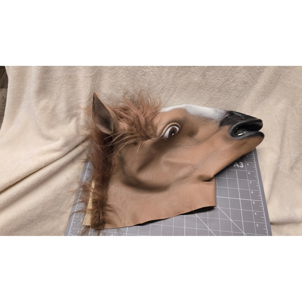 Realistic Brown Horse Head Latex Mask Faux Fur Mane Costume Novelty Party Prop